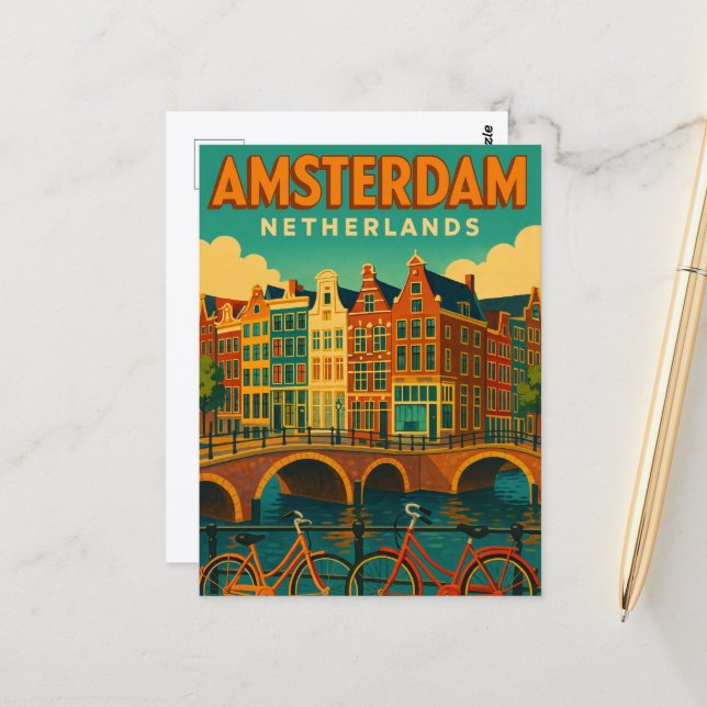 Carte Postale Rétro Amsterdam Pays-Bas (Devant/Arrière en situation)
