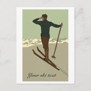 Carte Postale Retro art déco ski voyage et personnalisable