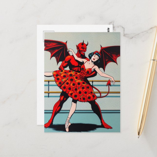 Carte Postale Retro Art Devil Avec ballerine dans une robe de co (Devant/Arrière en situation)