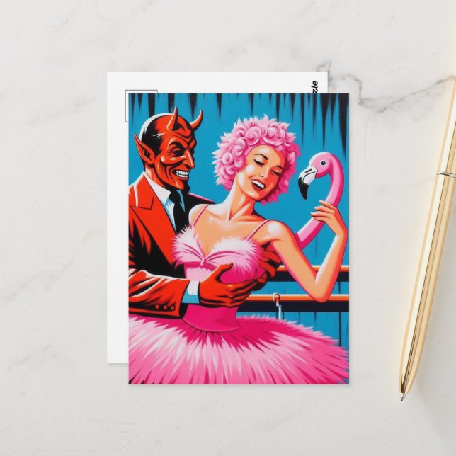 Carte Postale Retro Art Devil Avec Ballet Dancer Flamant rose ro (Devant/Arrière en situation)