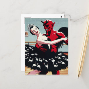 Carte Postale Retro Art Devil Avec Ballet Dancer Swan Dress
