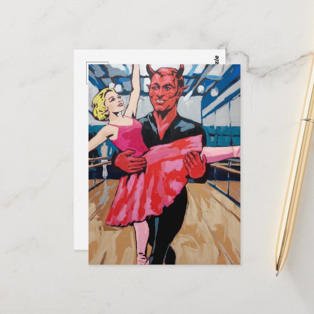 Carte Postale Retro Art Devil avec danseuse en robe rose rouge (Devant/Arrière en situation)