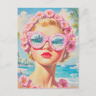 Carte Postale Retro Beach Girl avec lunettes de soleil florales