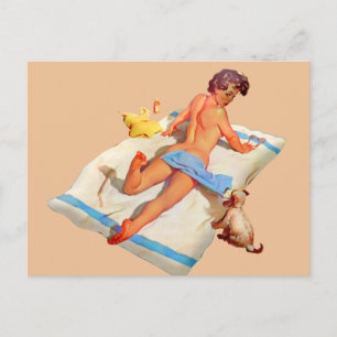 CARTE POSTALE RETRO BEACH GIRL SUN BATHING