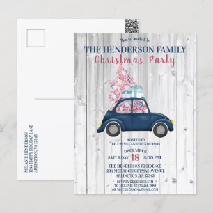 Carte Postale Retro Blue Car Pink Noël Arbre Noël