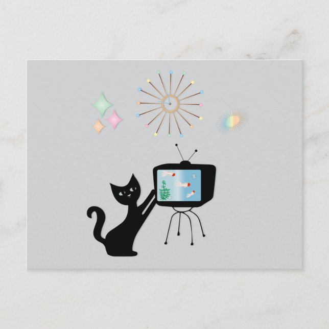CARTE POSTALE RÉTRO CHAT ATOMIQUE & ANCIEN TÉLÉVIS (Devant)