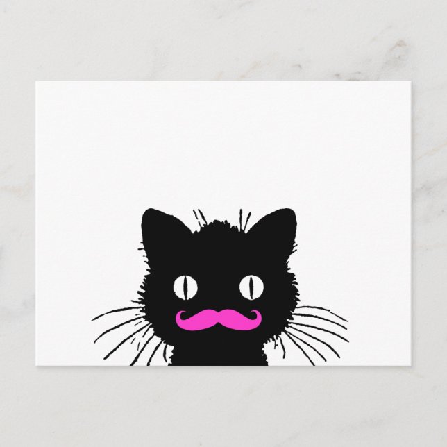 CARTE POSTALE RETRO CHAT NOIR FUNNY ROSE MUSTACHE (Devant)
