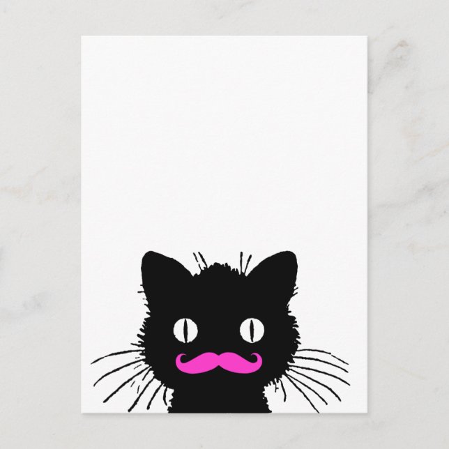 CARTE POSTALE RETRO CHAT NOIR FUNNY ROSE MUSTACHE (Devant)
