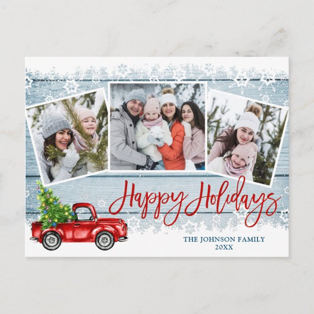 Carte Postale Retro Christmas Red Truck 3 PHOTO Salutation Holid (Devant)