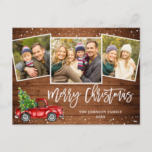 Carte Postale Retro Christmas Red Truck 3 PHOTO Salutation Holid (Devant)