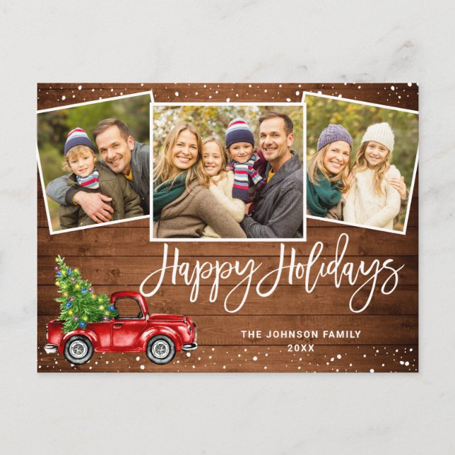 Carte Postale Retro Christmas Red Truck 3 PHOTO Salutation Holid (Devant)