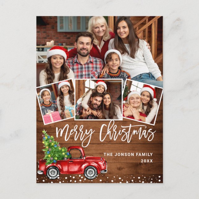 Carte Postale Retro Christmas Red Truck Rustic 4 PHOTO Salutatio (Devant)