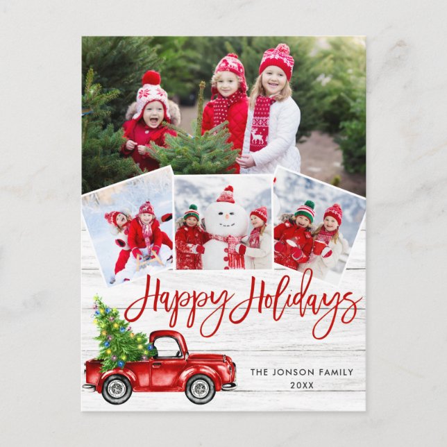 Carte Postale Retro Christmas Red Truck Rustic 4 PHOTO Salutatio (Devant)