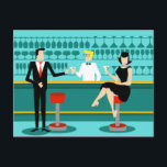 Carte postale Retro Cocktail Lounge<br><div class="desc">Chaque heure est l'heure heureuse avec cette carte postale Retro Cocktail Lounge. Le design moderne du milieu du siècle présente un dessin animé minimaliste et animé de style années 1960 d'un bar à cocktails élégant. Sur fond de mur d'aqua, on peut voir des rangées de verres de boisson. Au moins,...</div>