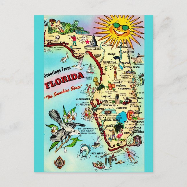 Carte postale rétro colorée de Floride  (Devant)