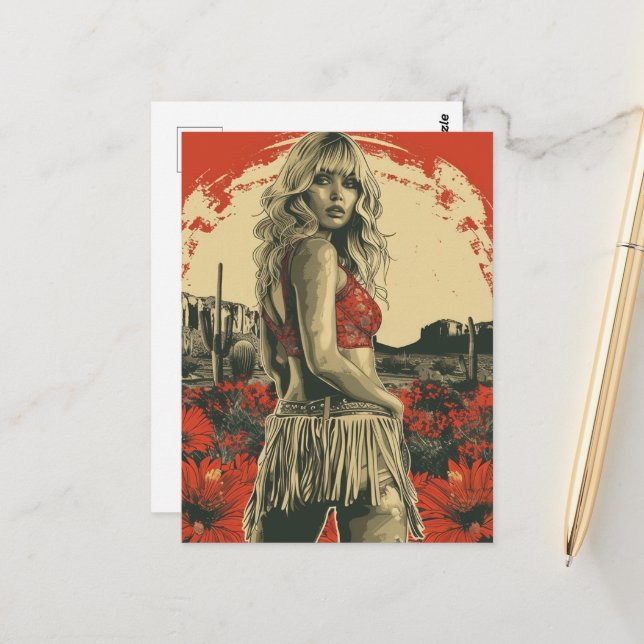 Carte Postale Retro Cowgirl (Devant/Arrière en situation)
