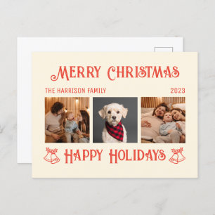 Carte Postale Retro Crème Rouge Noël Fêtes Photos Collage
