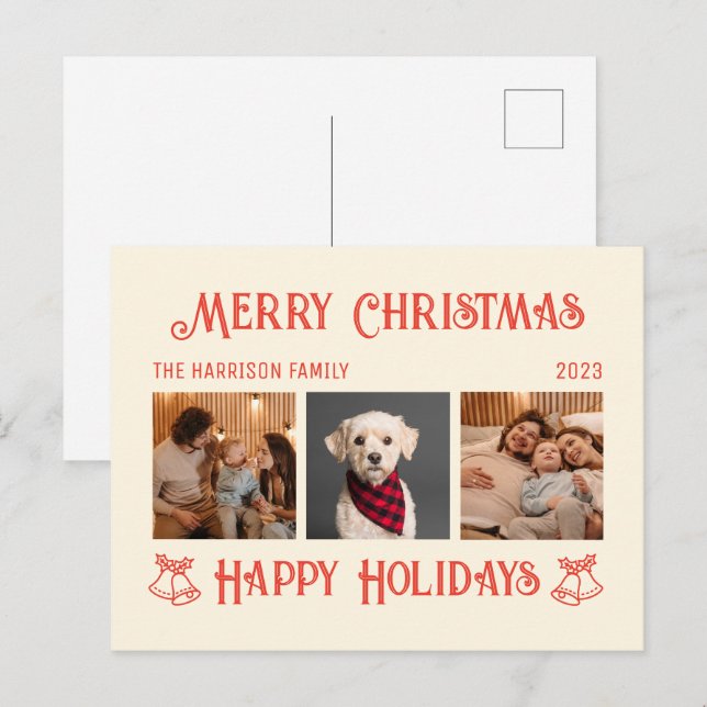 Carte Postale Retro Crème Rouge Noël Fêtes Photos Collage (Devant / Derrière)