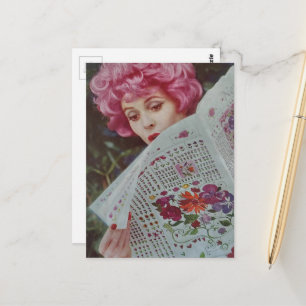 Carte Postale Rétro Dame aux Cheveux Roses des Années 1950