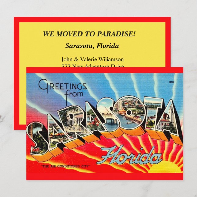 Carte postale rétro de Sarasota pour annonce de dé (Devant / Derrière)