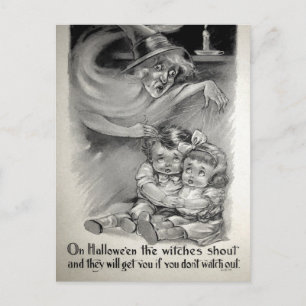Carte postale rétro de sorcière effrayante