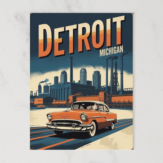 Carte Postale Retro Detroit Industrial City avec voiture classiq (Créateur téléchargé)