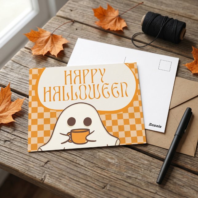 Carte Postale Rétro Fantôme Mignon Halloween (Retro Spooky Cute Ghost Halloween Postcard  ⭐️⭐️⭐️⭐️⭐️)