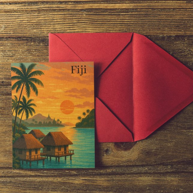 Carte Postale Retro Fiji Tropical Ocean Bungalows Vue coucher de (Retro Fiji Tropical Ocean Bungalows Sunset View Postcard)