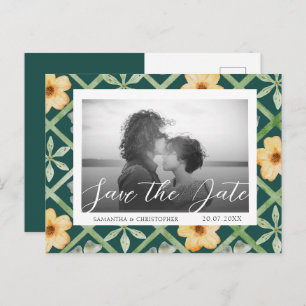 Carte Postale Retro Floral Emerald Photo Enregistrer la date Mar
