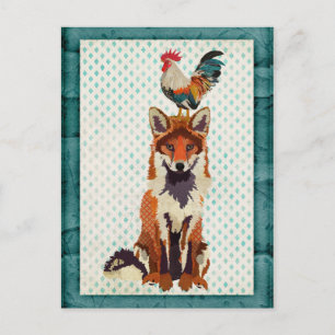CARTE Postale RETRO FOX & ROOSTER