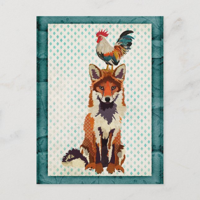CARTE Postale RETRO FOX & ROOSTER (Devant)