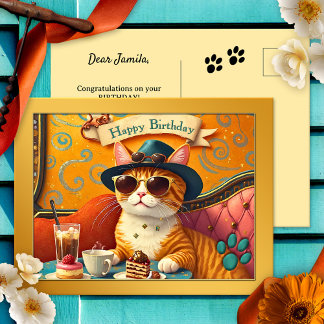 Carte Postale Retro Fun Chat et Anniversaire de Gâteau