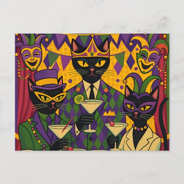 Carte Postale Retro Futuristic Mardi Gras Black Cat Martini Club (Devant)