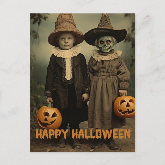 Carte Postale Retro Halloween enfants déplaisants avec citrouill (Devant)