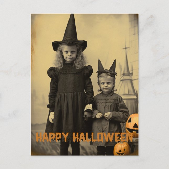 Carte Postale Retro Halloween enfants déplaisants avec citrouill (Devant)