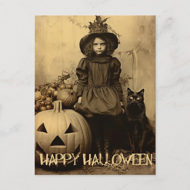 Carte Postale Retro Halloween fille déplaisante avec chat noir (Devant)