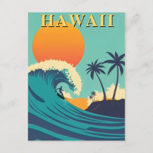 Carte Postale Rétro Hawaii Surfant sur le Coucher de Soleil et V