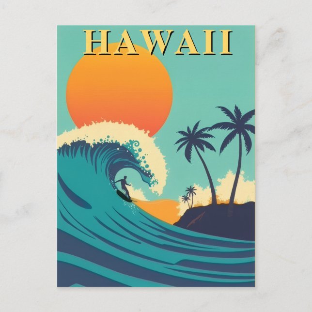 Carte Postale Rétro Hawaii Surfant sur le Coucher de Soleil et V (Devant)