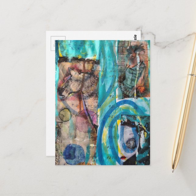 Carte Postale Retro Horse, Donkey, and a Doll Unique Mixed Media (Devant/Arrière en situation)