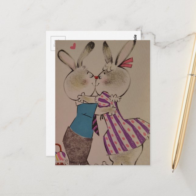 Carte Postale Retro Kissing Easter Bunnies (Devant/Arrière en situation)