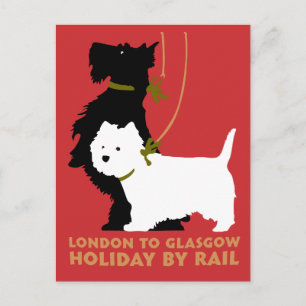 Carte Postale Retro Londres et Glasgow en train, chiens terriers