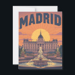 Carte Postale Retro Madrid Travel<br><div class="desc">Cette affiche d'inspiration rétro capture une magnifique scène de coucher de soleil à Madrid, en Espagne. Le design se compose d'un grand palais avec une grande fontaine au premier plan, le tout baigné par la lumière chaude et spectaculaire du soleil couchant. La typographie "MADRID", audacieuse et envoûtante, ajoute à l'atmosphère...</div>