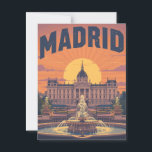 Carte Postale Retro Madrid Travel<br><div class="desc">Cette affiche d'inspiration rétro capture une magnifique scène de coucher de soleil à Madrid, en Espagne. Le design se compose d'un grand palais avec une grande fontaine au premier plan, le tout baigné par la lumière chaude et spectaculaire du soleil couchant. La typographie "MADRID", audacieuse et envoûtante, ajoute à l'atmosphère...</div>