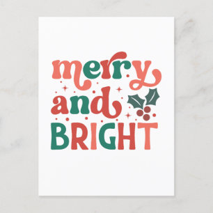 Carte Postale Retro Merry & Bright Christmas Typographie