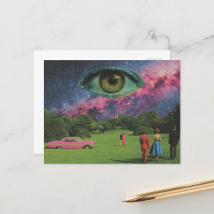 Carte Postale Retro People and Pink Car with Eye in Sky Surreal