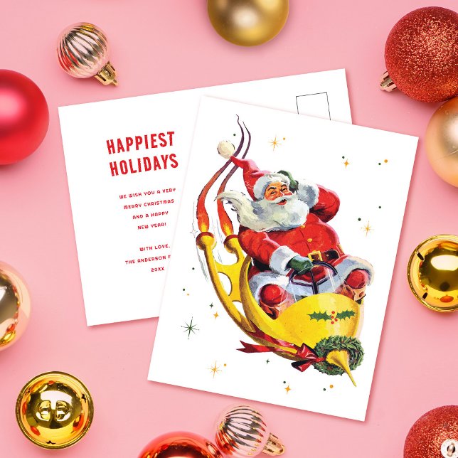 Carte Postale Retro Père Noël sur Rocket Fête de Noël sans photo (Créateur téléchargé)