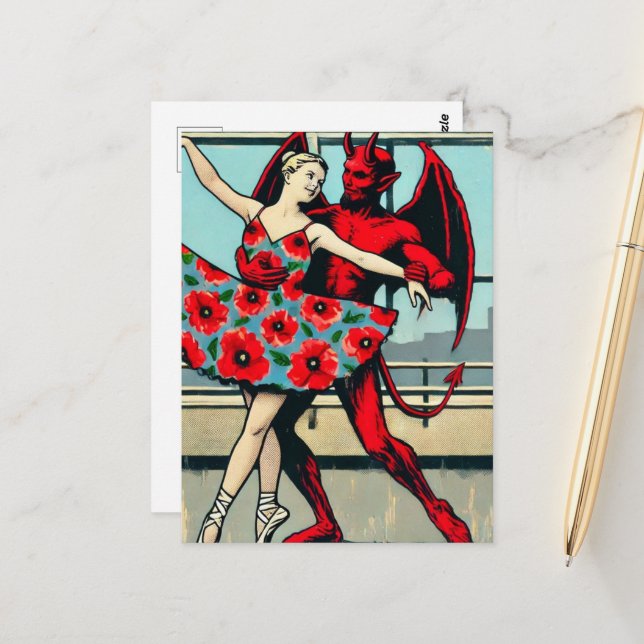 Carte Postale Retro PopArt Devil Avec ballerine dans une robe de (Devant/Arrière en situation)