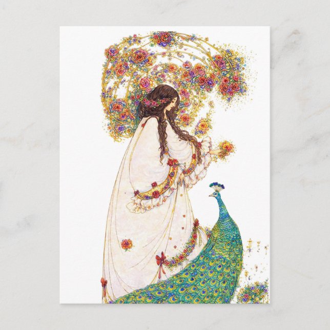 Carte Postale Rétro Princesse & Paon par Jessie King (Devant)