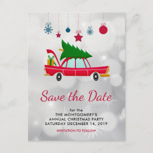 Carte Postale Retro Red Car & Christmas Tree Enregistrer la date