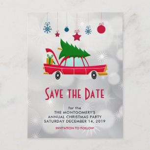Carte Postale Retro Red Car & Christmas Tree Enregistrer la date